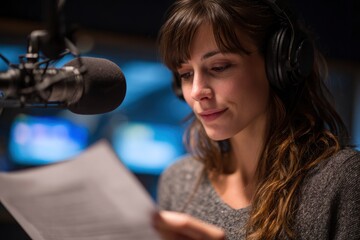 Woman with headphones reads from a script in front of a microphone with thoughtful expression.