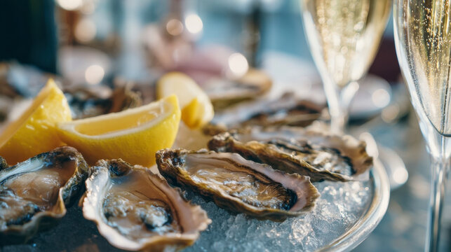 Fresh oysters on ice with lemon and champagne, a delicious seafood appetizer for a fine dining experience