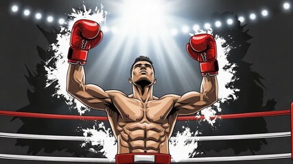 Boxer Champion in Ring with Raised Arms and Red Gloves Celebrating Victory - Powered by Adobe