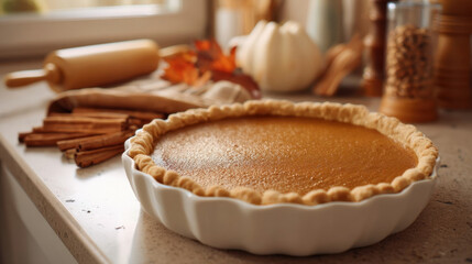 Homemade pumpkin pie in a white ceramic pan with cinnamon sticks, a classic fall dessert