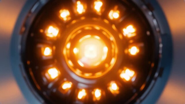 Close-up of a futuristic energy core glowing orange, surrounded by concentric metallic rings in a high-tech chamber. - Powered by Adobe