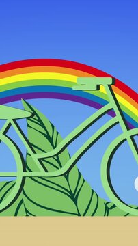 Animation of green bike and leaves over rainbow on blue background