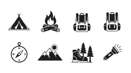 Collection of outdoor adventure and camping icons in silhouette style
