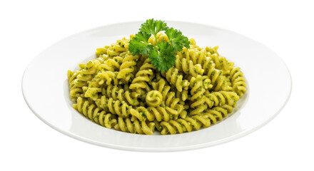Isolated plate of rotini pasta dressed with pesto sauce and garnished with parsley sprigs