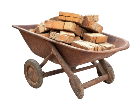A rusty wheelbarrow filled with red bricks isolated on transparent background, showcasing construction materials and vintage equipment, highlighting texture and color