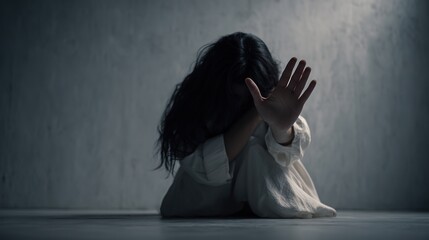 Sad woman with long black hair sitting on floor in white shirt, raising hand in defensive gesture, concept of stop violence against women, sexual abuse prevention and harassment awareness