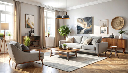 Modern Interior Living Room Showcases Various Decorative Items and Furniture