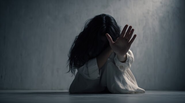 Sad woman with long black hair sitting on floor in white shirt, raising hand in defensive gesture, concept of stop violence against women, sexual abuse prevention and harassment awareness