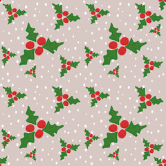 Festive holiday pattern featuring holly berries, snowflakes cascading over light brown background, spreading seasonal cheer