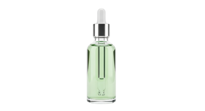 Isolated bottle of green liquid essential oil for medical beauty and health products