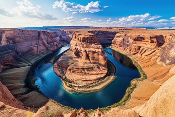 Aerial view of horseshoe bend with blue river and brown rocky landscape under a partly cloudy sky