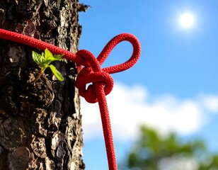 Red rope tied around a tree trunk against a bright blue sky