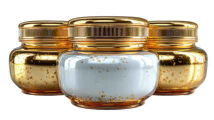 Three gold-capped, clear glass jars of cream,  sparkling with gold flecks