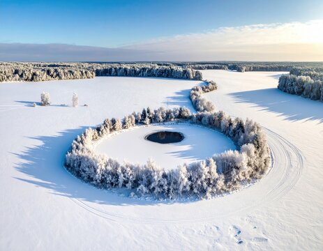 Frozen circular lake, frosted trees, snowy fields