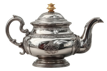 Elegant silver teapot with golden knob showcasing intricate detailing and reflective surface on transparent background
