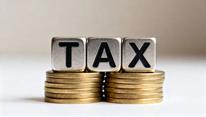 Metallic cubes with engraved letters spelling TAX over shiny gold coins