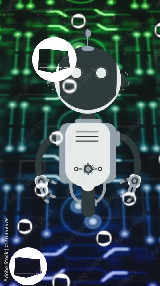 Wall mural animation of ai chat bot and icons over colourful striped background