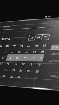 Animation of digital interface with calendar and data processing on black background