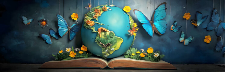 Open book with paper art of Earth, flowers, and butterflies, suitable for children’s books, creative illustrations, and whimsical artwork
