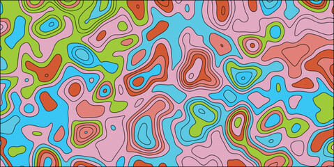 Abstract topographic map contour lines pattern in pink blue green brown and black outlines background
