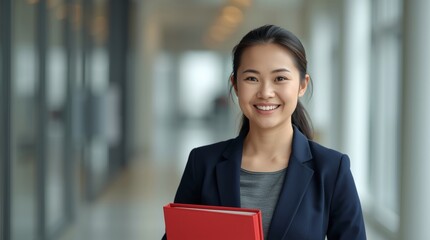 A professional-looking East Asian woman in her late 20s or early 30s is standing in a modern office hallway. 
