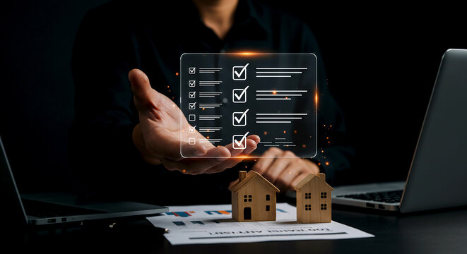 Person presenting a digital checklist over two miniature houses with laptops in the background