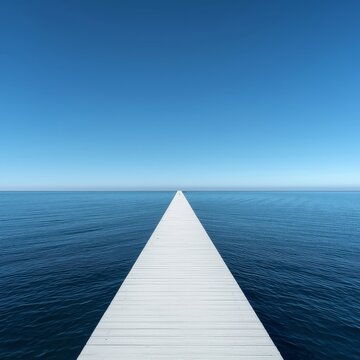 A minimalist and serene landscape featuring a long, white wooden pier extending directly from the foreground into the deep blue ocean. 
