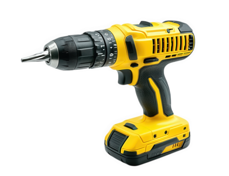 A yellow and black cordless drill is displayed against a transparent background, showcasing its design and features, isolated on transparent background it is a power tool