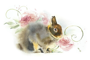 Bunny. Brown decorative rabbit sits under a pink rose bush. Watercolor hand drawn illustration