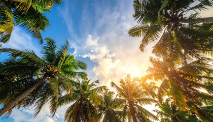 Tropical palm trees blue sky sunlight, vibrant green leaves, coconuts, summer vacation, relaxing atmosphere, warm climate, sunshine, and scattered clouds.