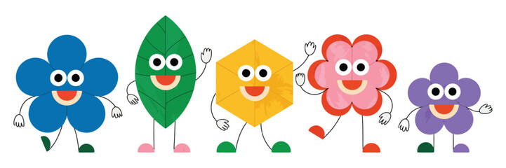 Cute Geometric Figures with Faces - Isolated Cartoon Heads Showing Emotions, Funny Childish Style Vector Illustrations of Playful Characters for Kids, Education, and Creative Design