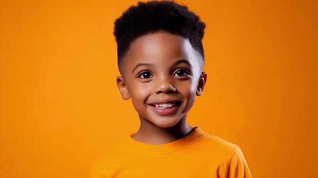 A young boy with his mouth wide open, laughing or shouting, against an orange background.