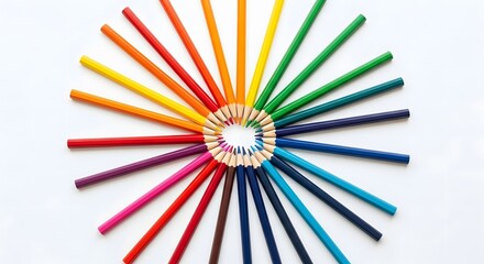 A vibrant array of colored pencils arranged in a circular sunburst pattern on a white background.