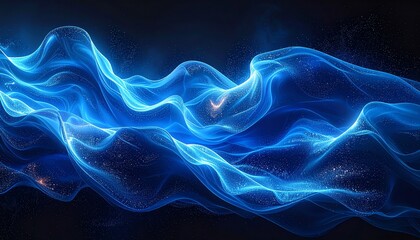 Abstract glowing blue energy waves shimmer against dark background, creating dynamic, fluid motion with luminous, ethereal, and futuristic visual appeal.