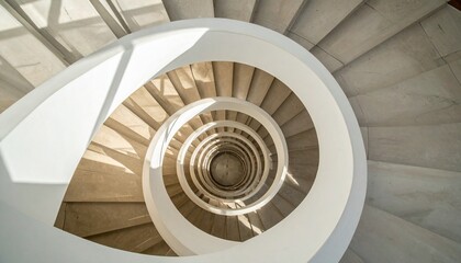 Fototapeta premium Spiraling Staircase: A captivating high-angle view of a modern, circular staircase showcases architectural beauty with shadows dancing across its steps, inviting exploration.