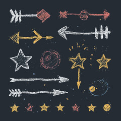 Chalk drawings of arrows, stars, and circles on a blackboard. Perfect for educational presentations and creative design projects.