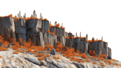 Colorful orange trees contrast against rugged cliffs, created AI, PNG