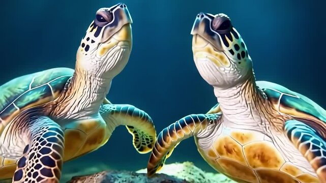 Two sea turtles face each other near a rock underwater.
