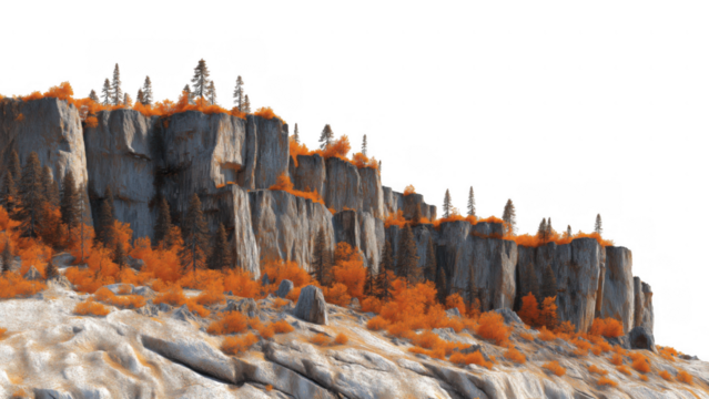 Colorful orange trees contrast against rugged cliffs, created AI, PNG