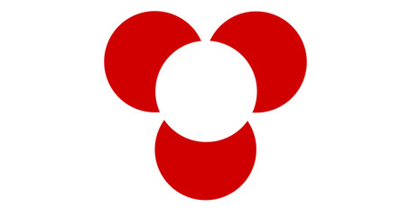 Abstract minimalist geometric design of three red intersecting circles on black ground.