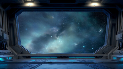 Spaceship interior with large window revealing galaxy and nebula, blue glow on windowsill, detailed panels in foreground