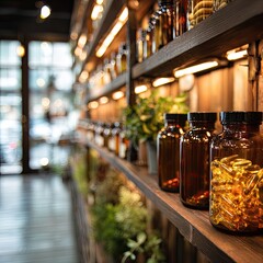 Wooden shelves filled with bottles and jars, natural light