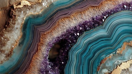 Close-up of a colorful agate slice, showing intricate layers and amethyst crystals
