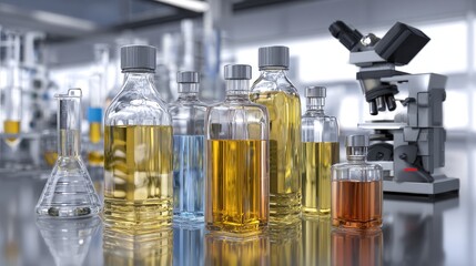 Lab glassware with liquids, microscope