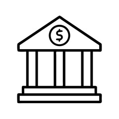 Simple outline icon of a bank building with a dollar sign isolated on transparent background