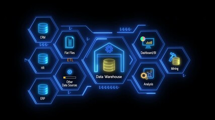 Data analytics concept, infographic dashboard showing KPIs, performance metrics, and business insights from large data sets. Motion graphic of data warehouse icons concept isolated on black background - Powered by Adobe