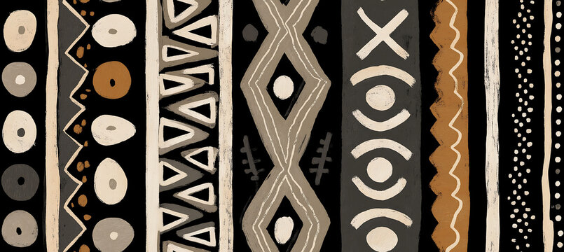 Hand-painted black and tan tribal pattern with X shapes, waves, floral ovals, and zigzags on vintage fabric