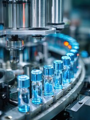 Automated bottling line with light blue vials