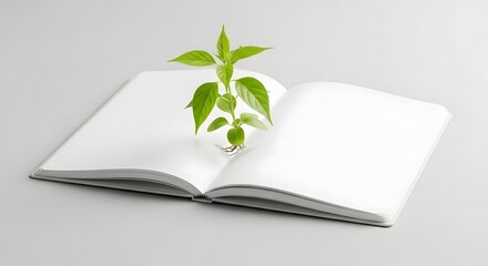 A small green plant grows from the center of an open, blank white book on a light surface.