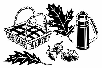 Autumn Harvest Basket with Acorns and Oak Leaves.